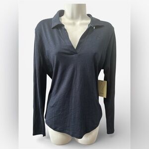 Joie blue v neck collared navy blue cotton top size large